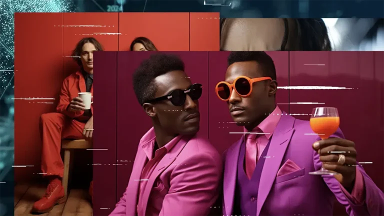 Two individuals in vibrant pink suits and sunglasses pose confidently, one holding an orange drink. Background features red panels and a seated person holding a cup. Abstract digital glitches overlay.