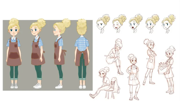A character model sheet presents a person wearing a checkered shirt, apron, and pants with various expressions and poses, including front, side, and back views, plus seated and standing sketches.
