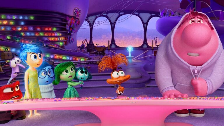 A group of animated characters, including colorful emotions and a pink imaginary friend, gather around a control panel in a futuristic setting.