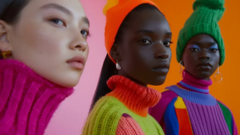 Three models wear colorful knitwear and hats, posing against vibrant pink and orange backgrounds. The focus is on the bold, contrasting colors and textures of the clothing.