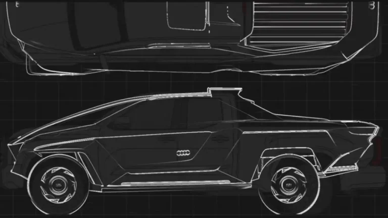 A futuristic car design is depicted in a technical blueprint with side and top views. It features sharp angles and sleek contours, overlaid on a dark grid background.