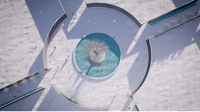 A leafless tree stands in a circular pool of water, surrounded by curved snowy paths where small figures walk. Shadows and light create distinct geometric patterns.