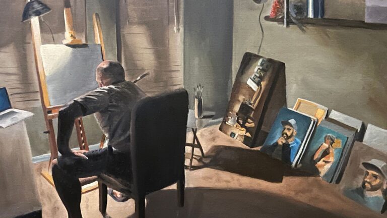 Painting of artist at easel. By Brian Hall