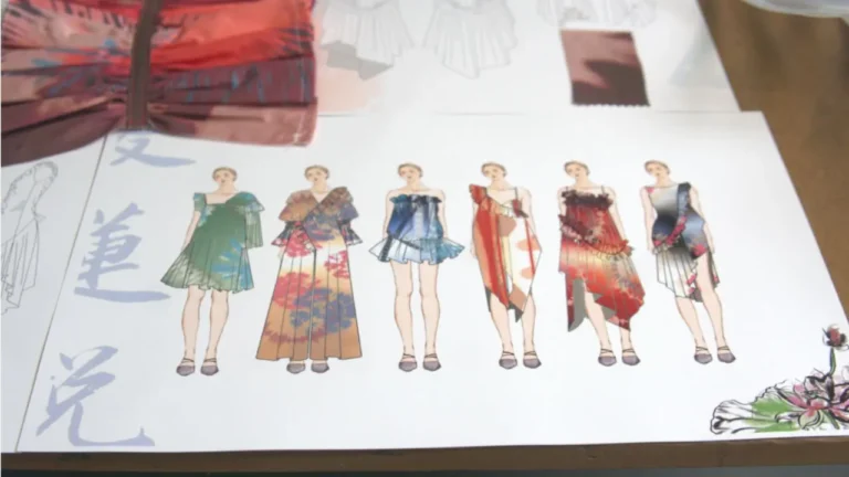 Fashion design sketches of five models in colorful outfits