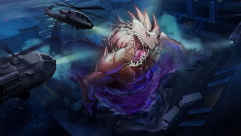 3D game art of a dinosaur-like creature surrounded by helicopters