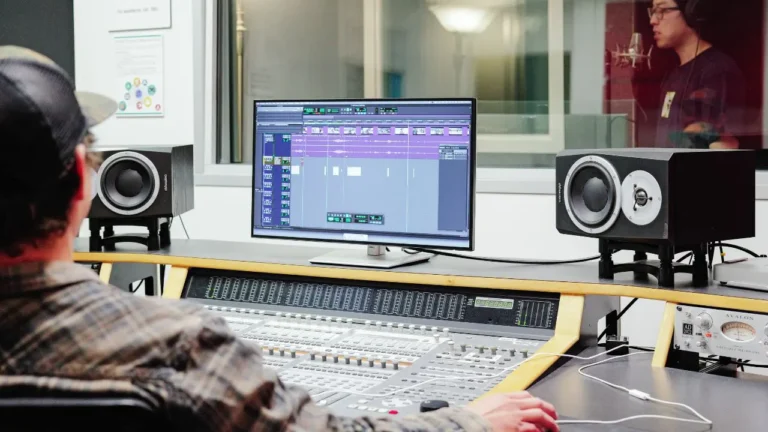 Person working in a music production studio with headphones and audio equipment.