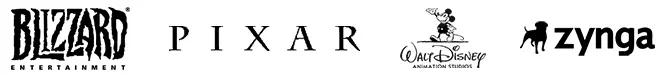 Blizzard, Pixar, Walt Disney, and Zynga logos