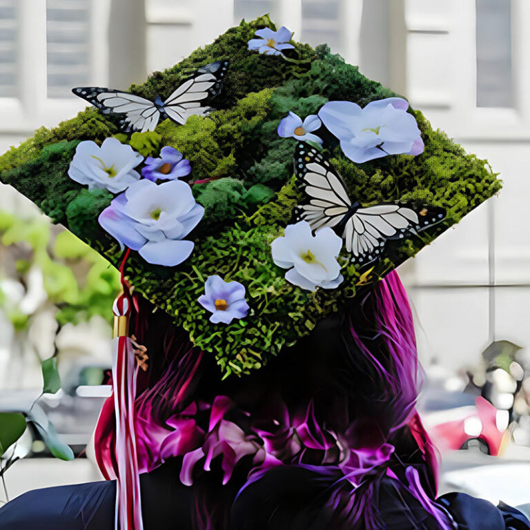 Person wearing a decorated graduation cap with flowers and butterflies, in front of a building.