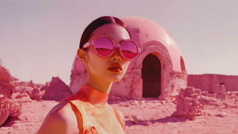 A woman with dark hair, wearing large pink sunglasses and a sleeveless orange top, standing in a pink-hued desert landscape with a dome-shaped structure in the background.