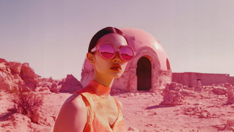 A woman with dark hair, large pink sunglasses, and bright lipstick, standing in a desert landscape with a pinkish hue and ancient stone structures in the background.