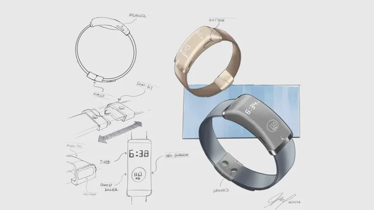 Concept sketches and digital renderings of a smart wristband with a screen and adjustable band.