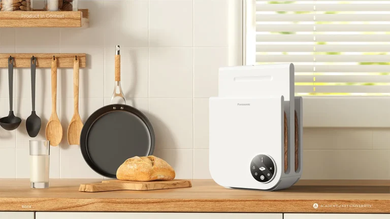 A bread toaster with slices of bread, a loaf on a cutting board, and a glass of milk on a wooden kitchen countertop.