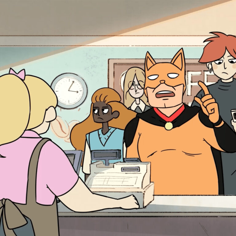 A person at the register is being addressed by a talking anthropomorphic cat in a costume.