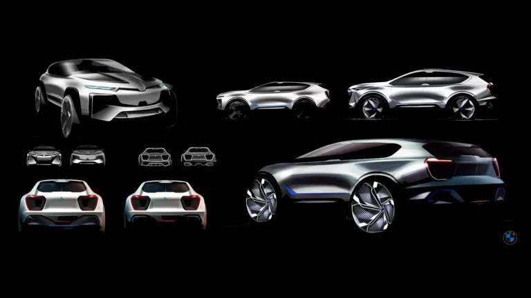 Conceptual design sketches of futuristic BMW cars with sleek profiles and bold wheel designs.