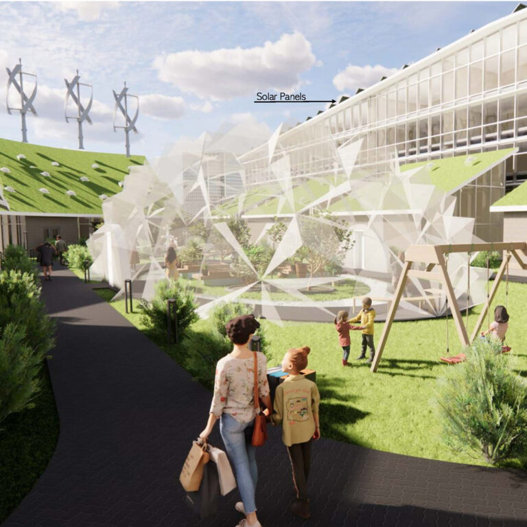 Children playing on a swing and adults walking in a green space with solar-paneled buildings.