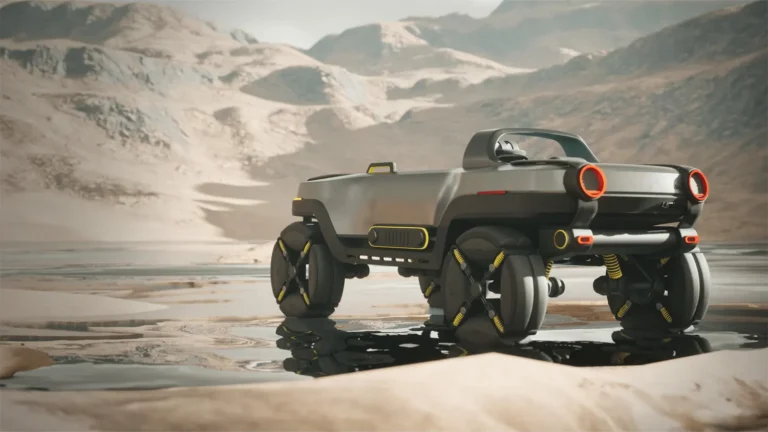 A futuristic autonomous vehicle with tank treads navigating a desert landscape.