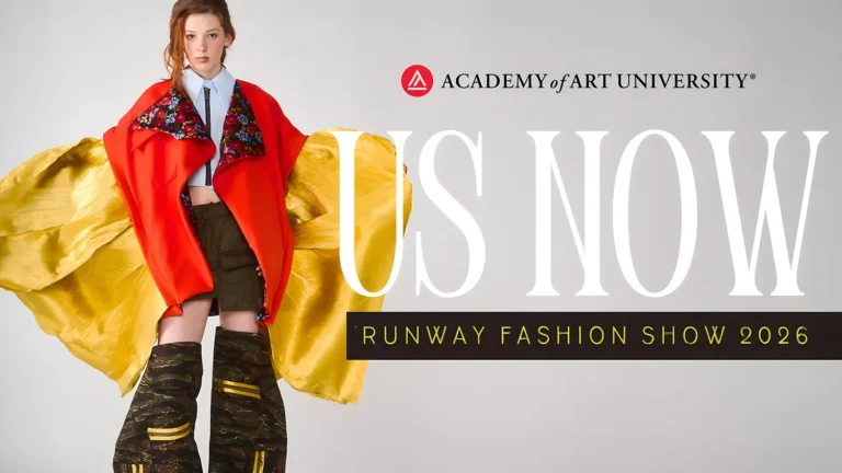 A woman modeling fashion in front of a promotional background for a runway show 2026.