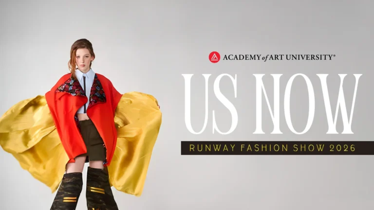 A model wearing colorful, layered fashion stands with a gray background and promotional text.