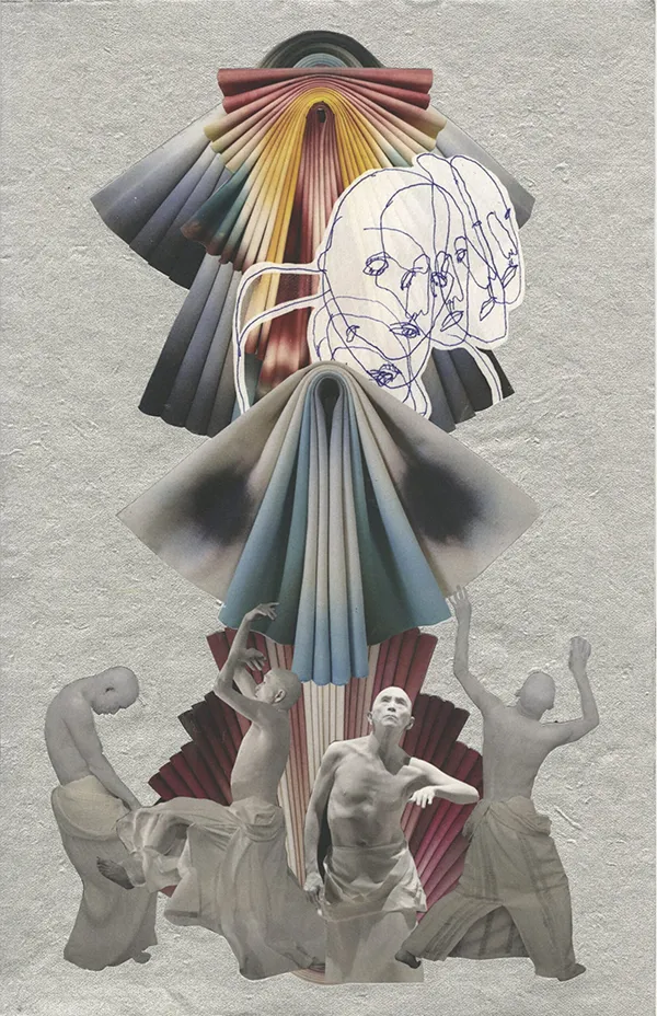 Multiple statues of dancers beneath layered, colorful fabric sheets and a line drawing of faces.