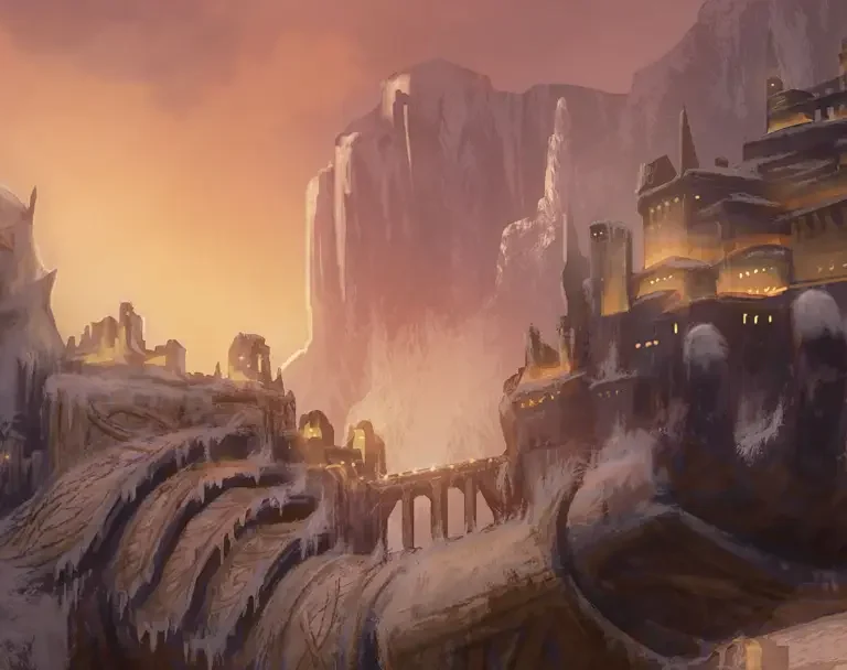 A giant hand holding a castle with illuminated windows overlooking snowy mountains at sunset.