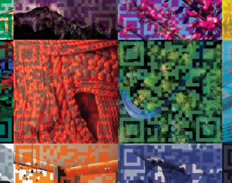 Collage of abstract images with QR codes and various colorful textures.