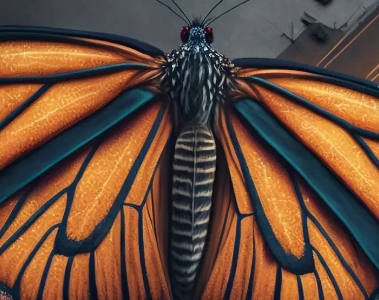 A giant illuminated butterfly-shaped sculpture hovers above a city street at night.