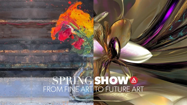 Spring art show blending traditional paintings and digital futuristic artwork.