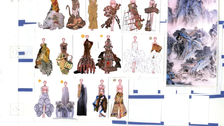 Fashion design sketches of traditional Chinese costumes and a landscape painting in the background.