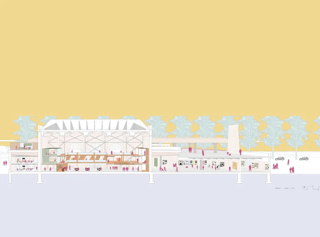 Cross-section of a large public building with multiple activity levels and surrounding trees.