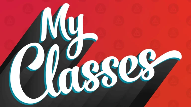 My classes written in white cursive text on a red background.