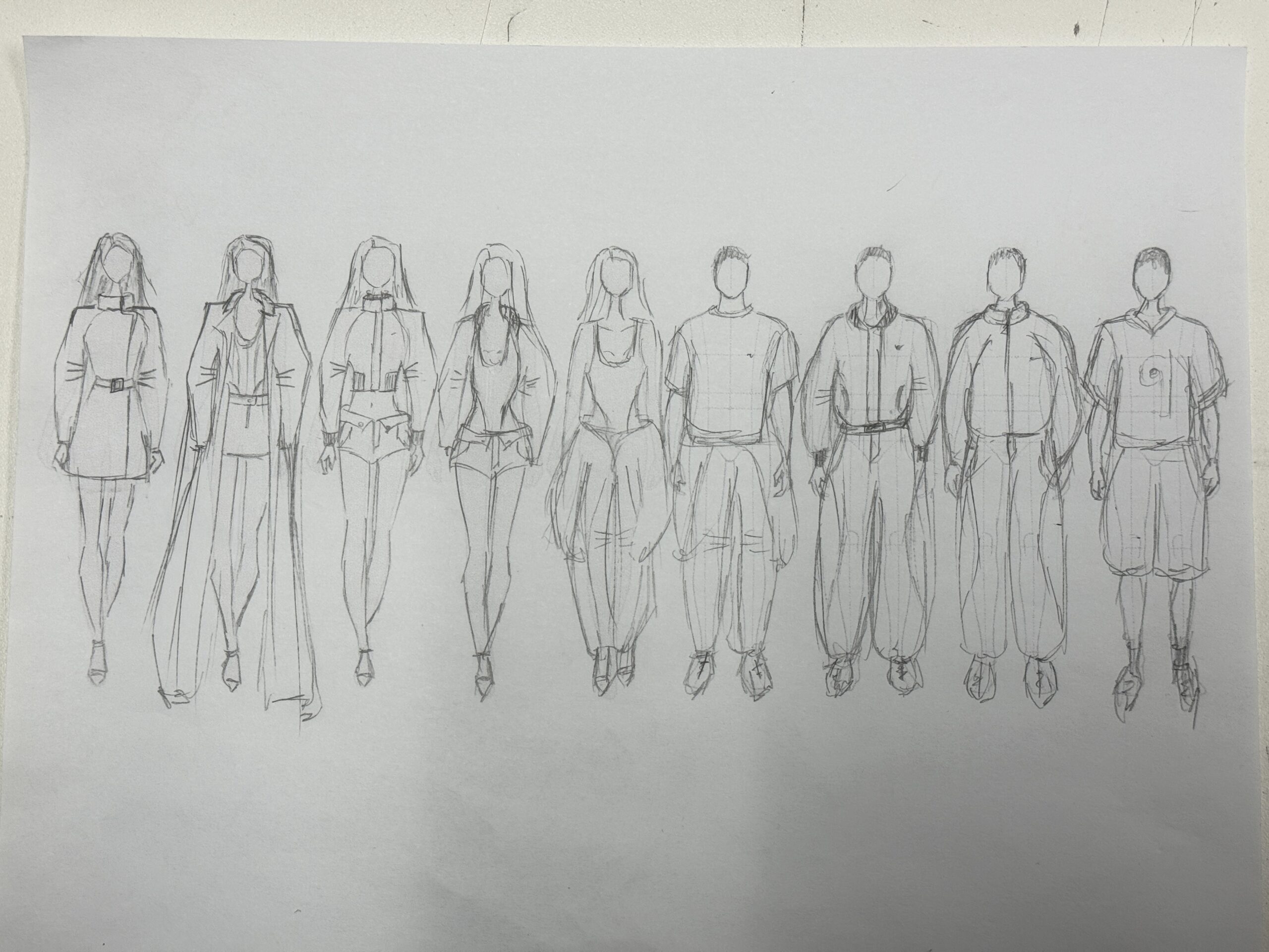 A sketch of ten faceless figures in various stylish outfits, standing in a row.
