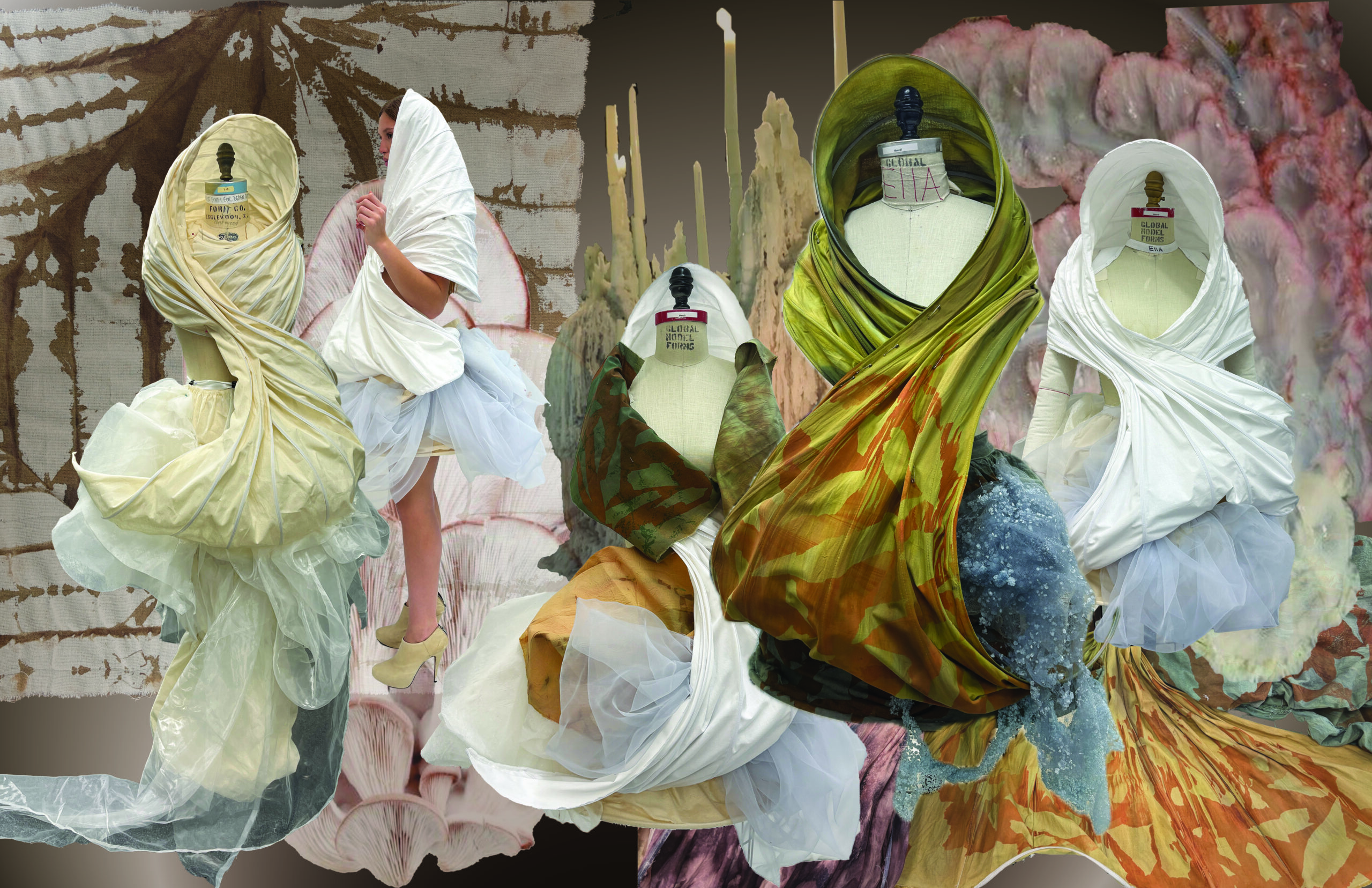 Fashion mannequins displaying colorful, layered, and sculptural fabric dresses against a floral and textile background.