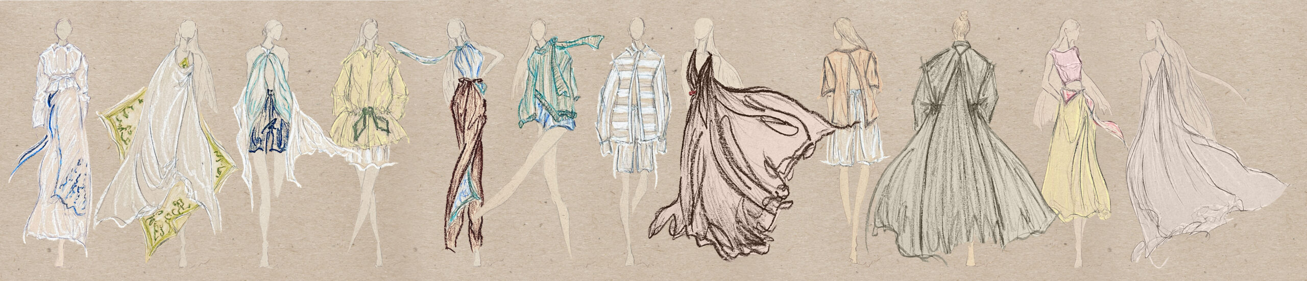 Sketches of women in various flowing dresses and outfits on a beige background.