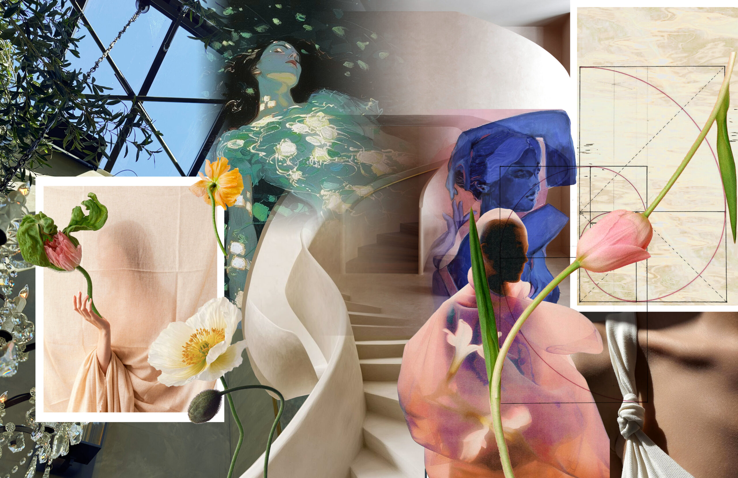 A collage of women with flowers, abstract art, geometric patterns, and a spiral staircase.