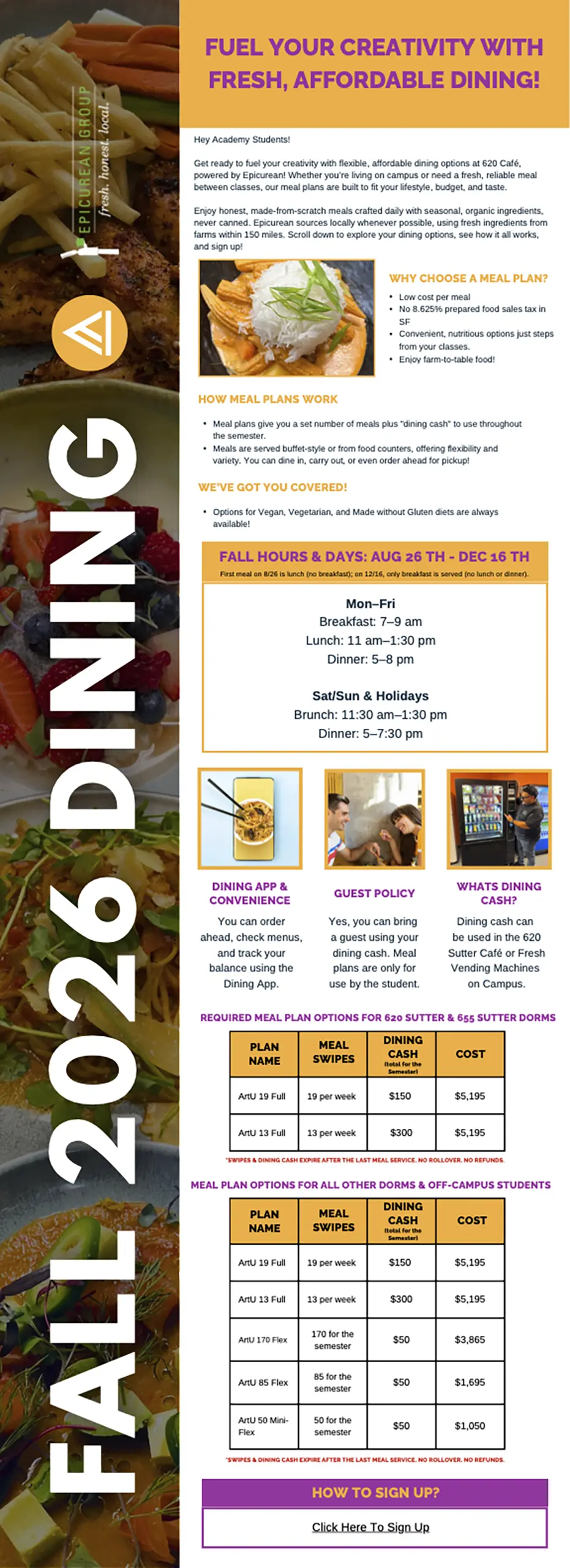 Text on flyer promoting Campus dining options, meal plans, hours, and app guidance.