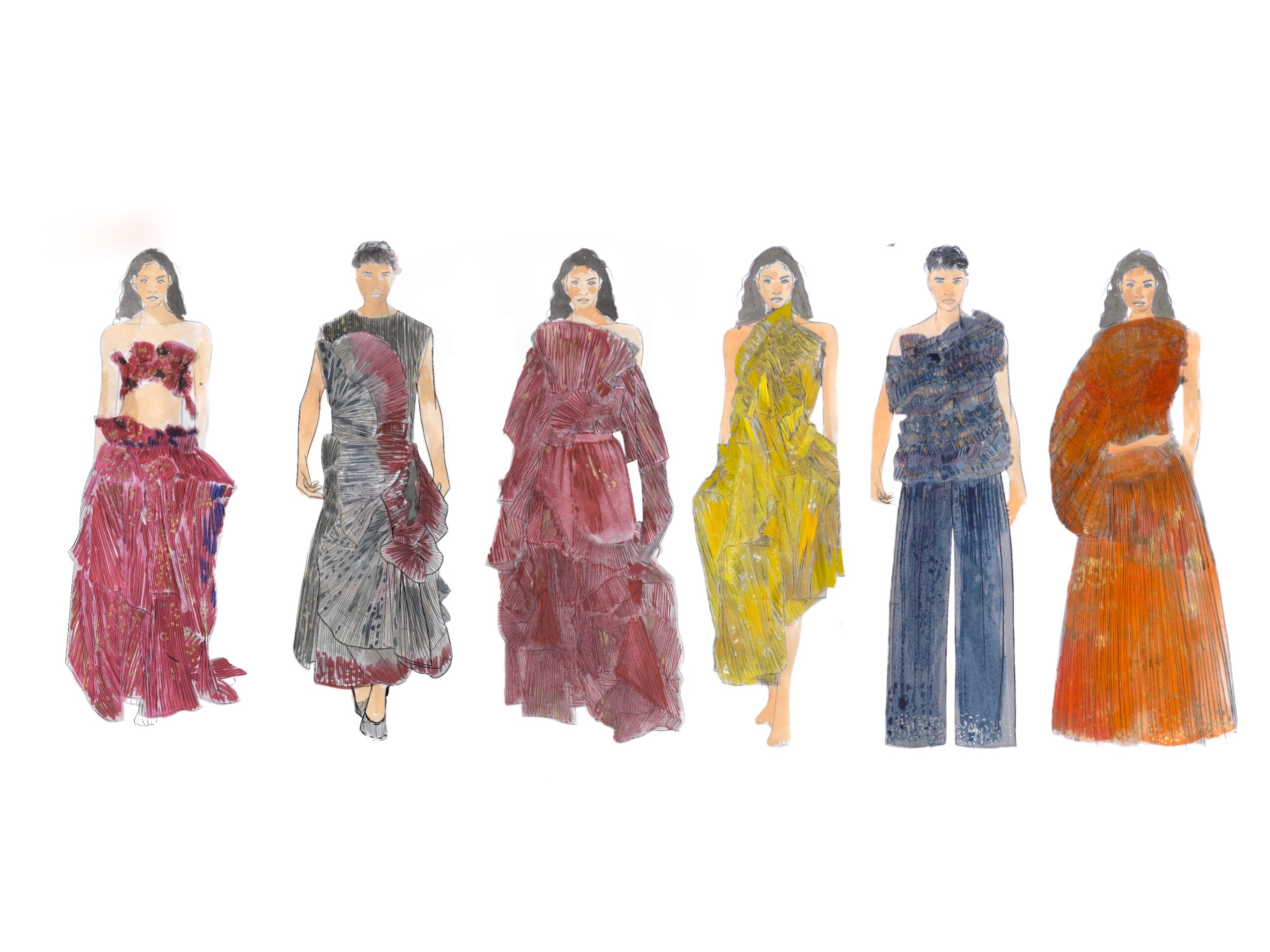Six female models walk in colorful, avant-garde dresses on a runway.