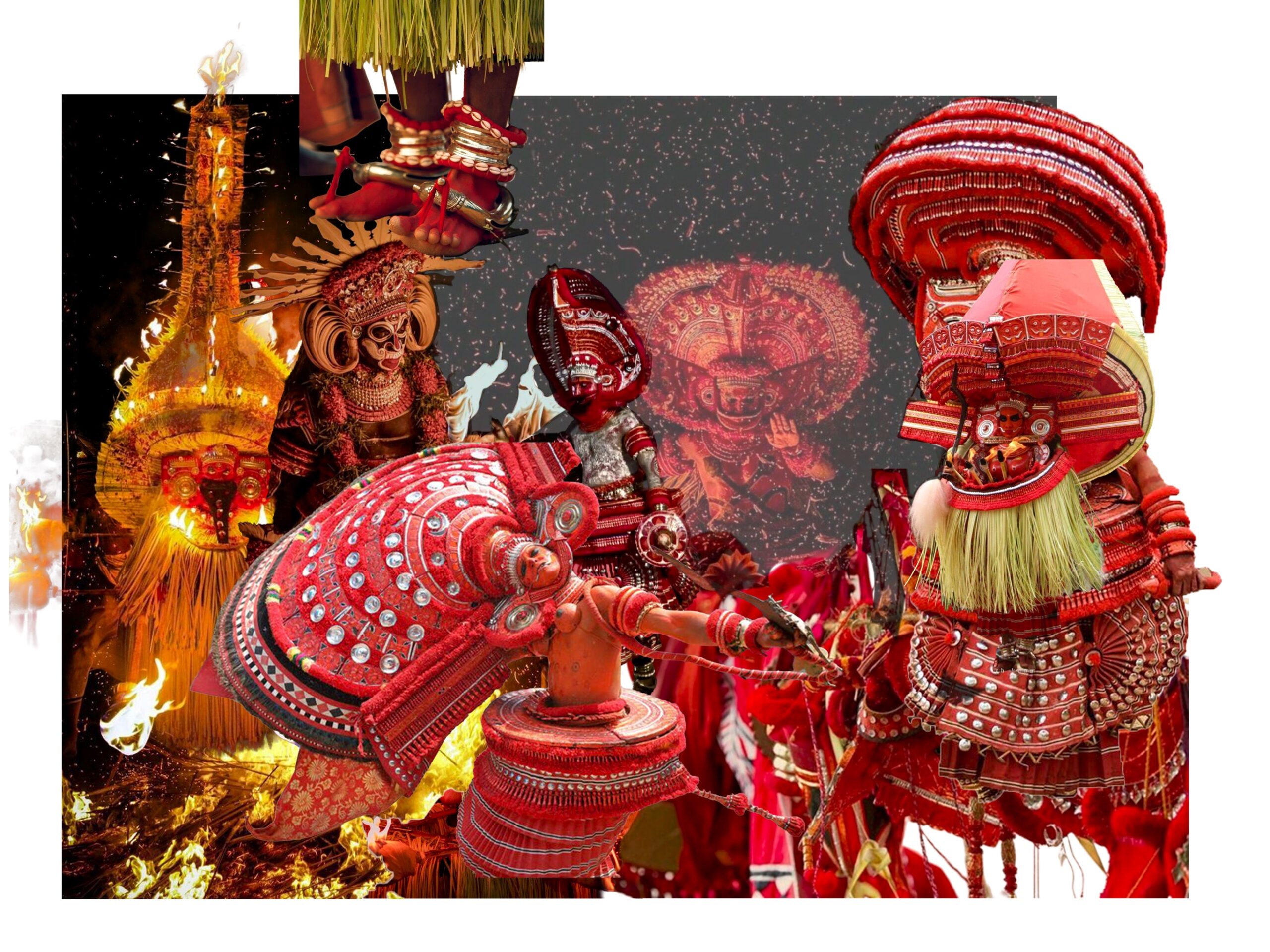 People in traditional costumes participating in a cultural procession with fire and vibrant red decorations.