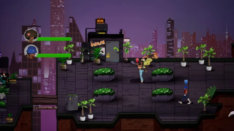 Two characters fighting on a rooftop with potted plants and city buildings in the background.