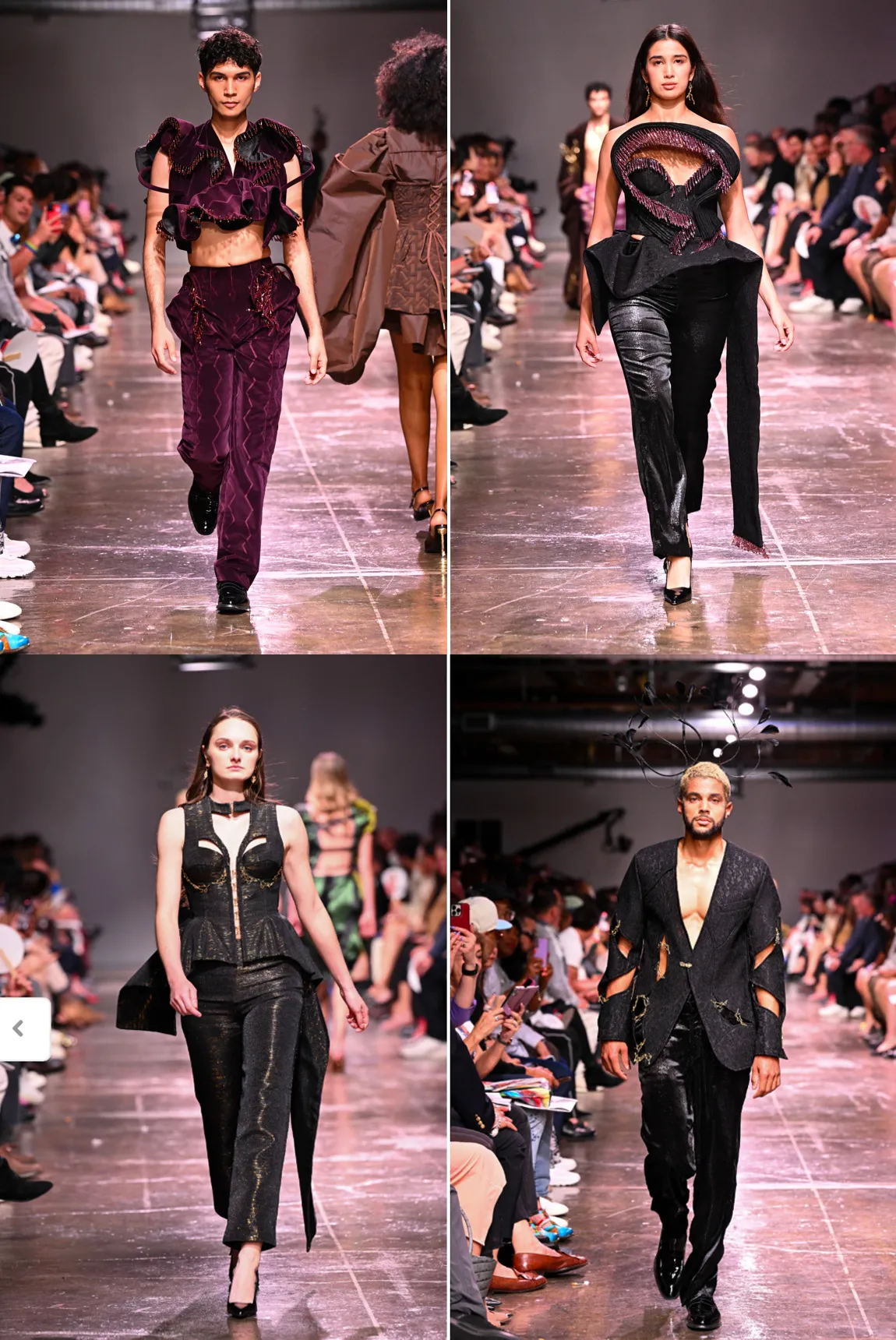 Models showcase innovative black and purple fashion designs on runway during a fashion show.