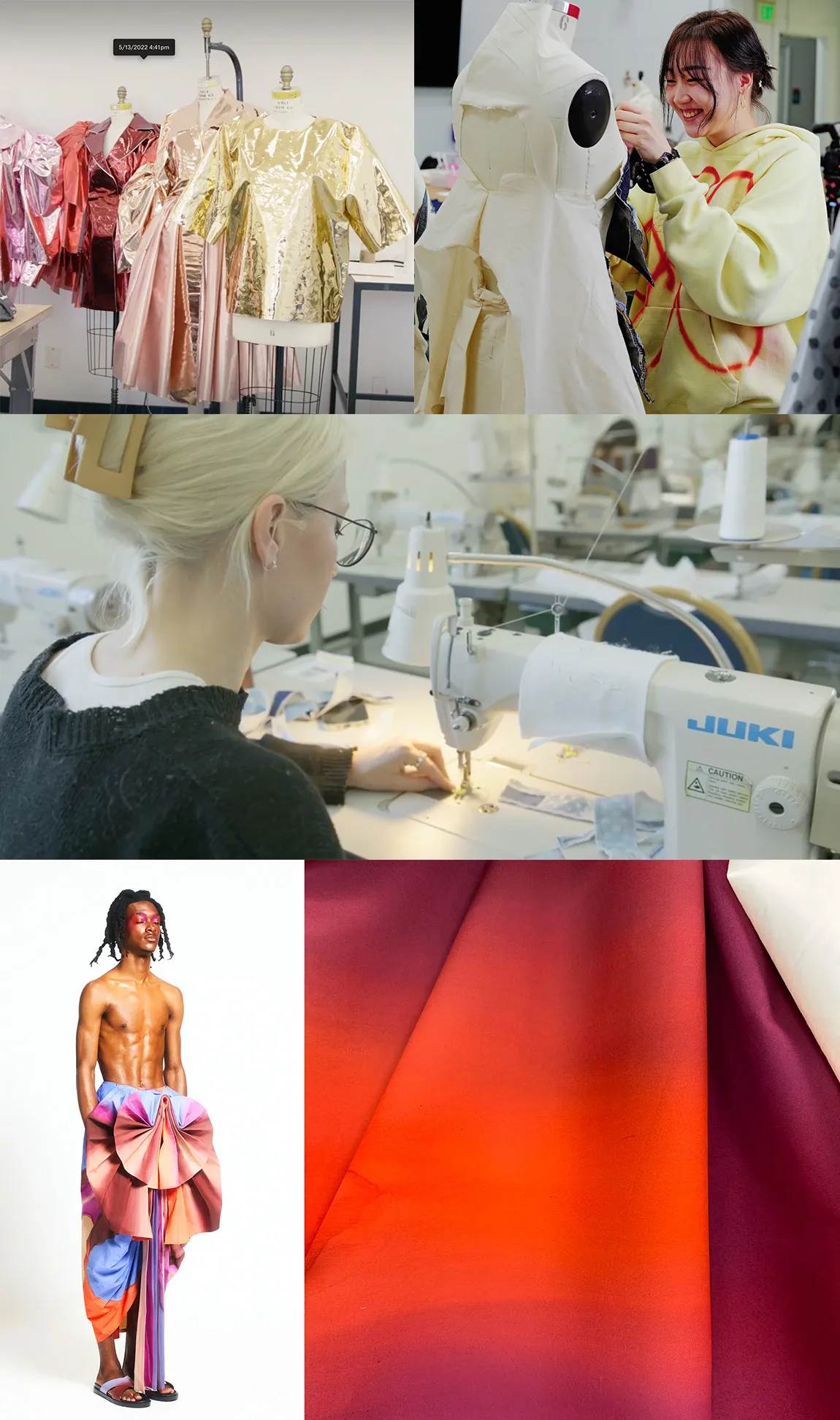 Women working on fashion design, sewing, and fabric swatches in a studio.