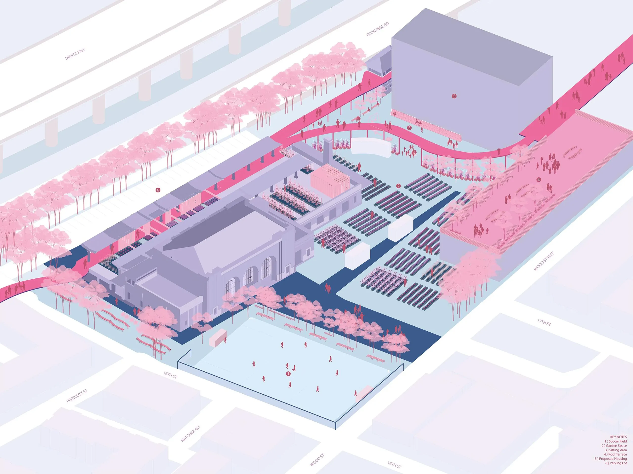 Design plan of a campus with a sports field, parking lot, and landscaped pathways in pink and purple hues.
