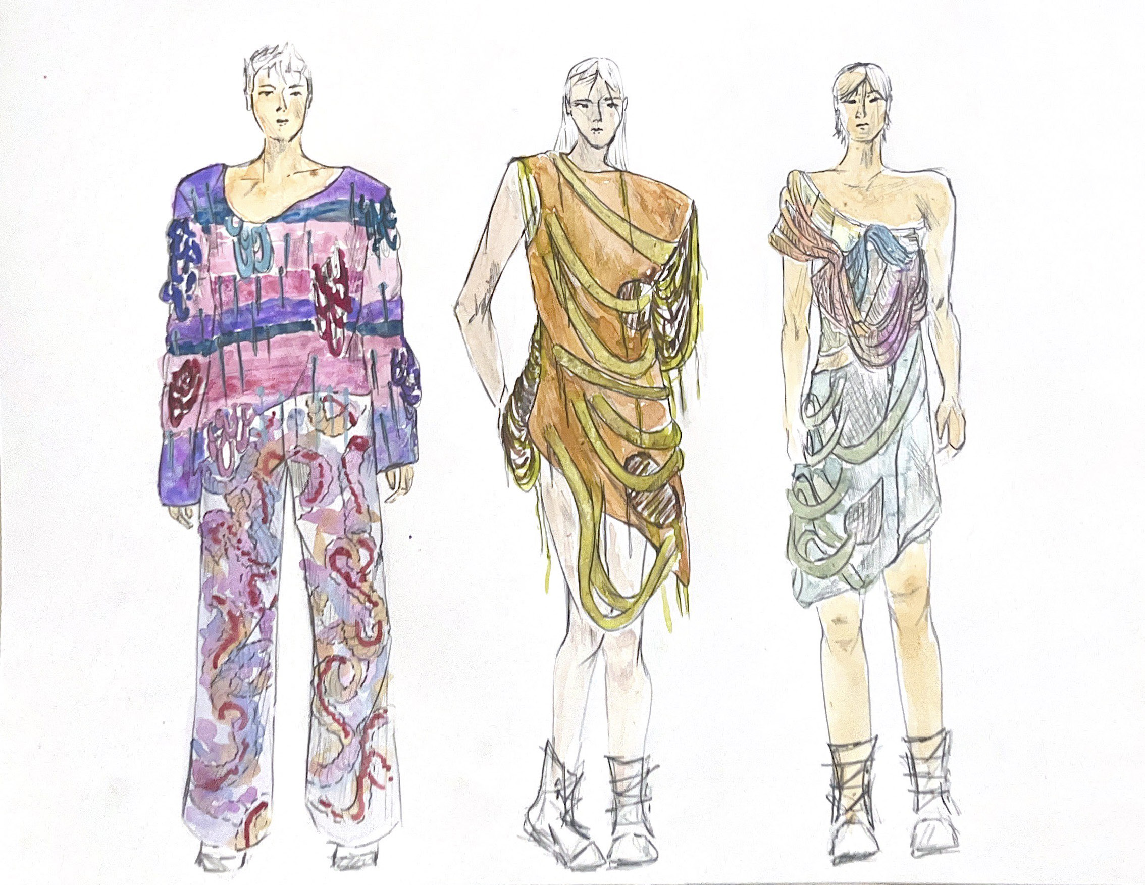 Three figures in colorful, artistic fashion sketches pose in stylish, draped clothing and boots.