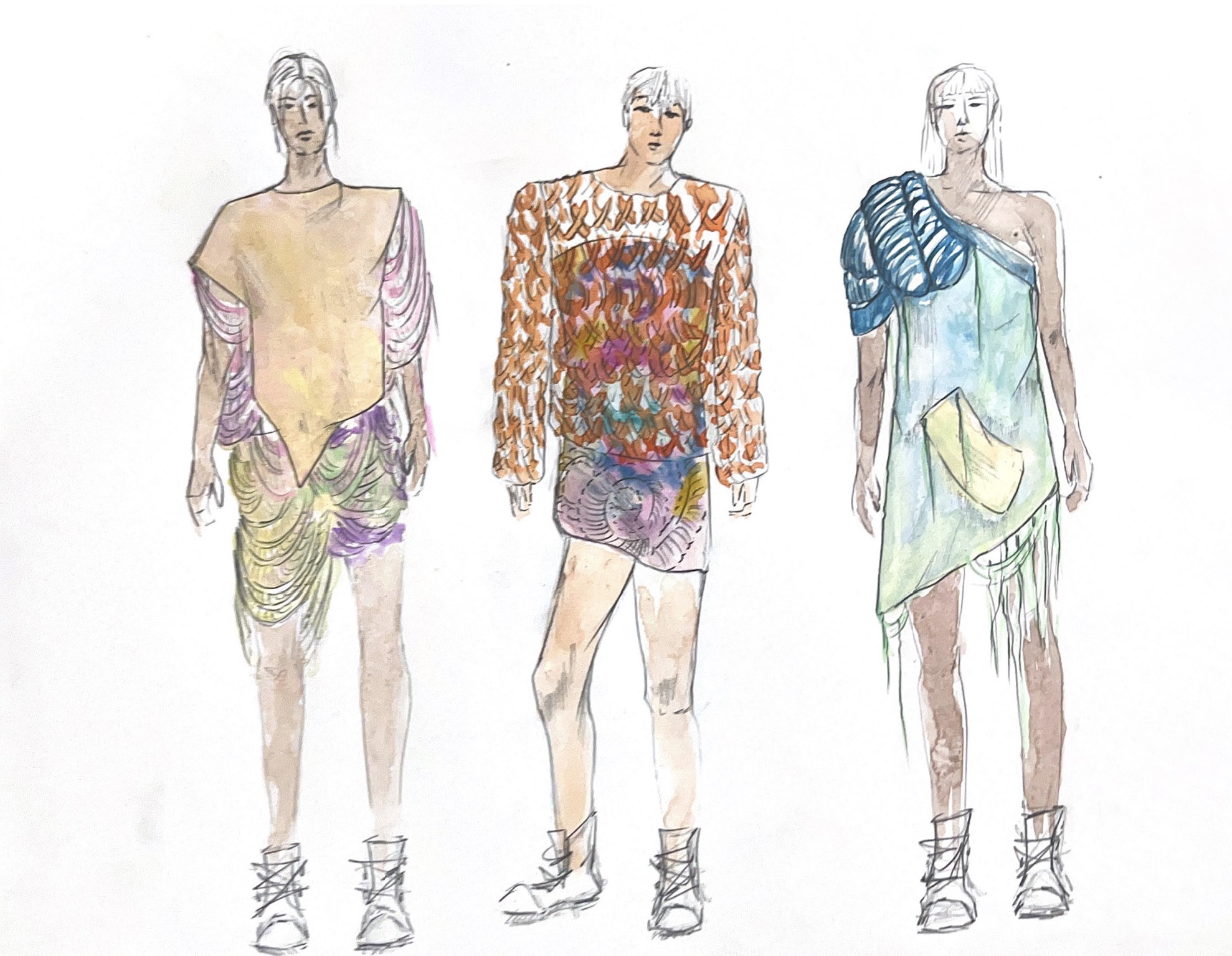 Three female models wear colorful, abstract fashion designs on a white background.