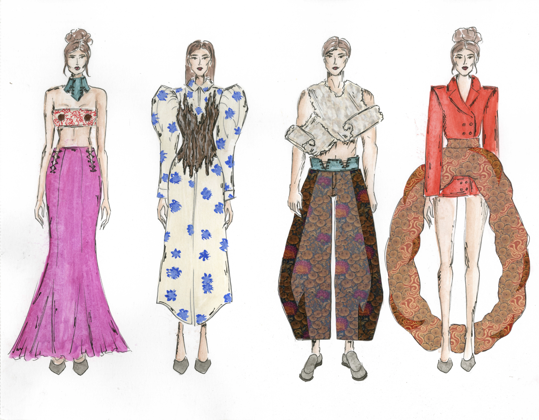Four fashion sketches of women in colorful, eclectic outfits, standing in a row.
