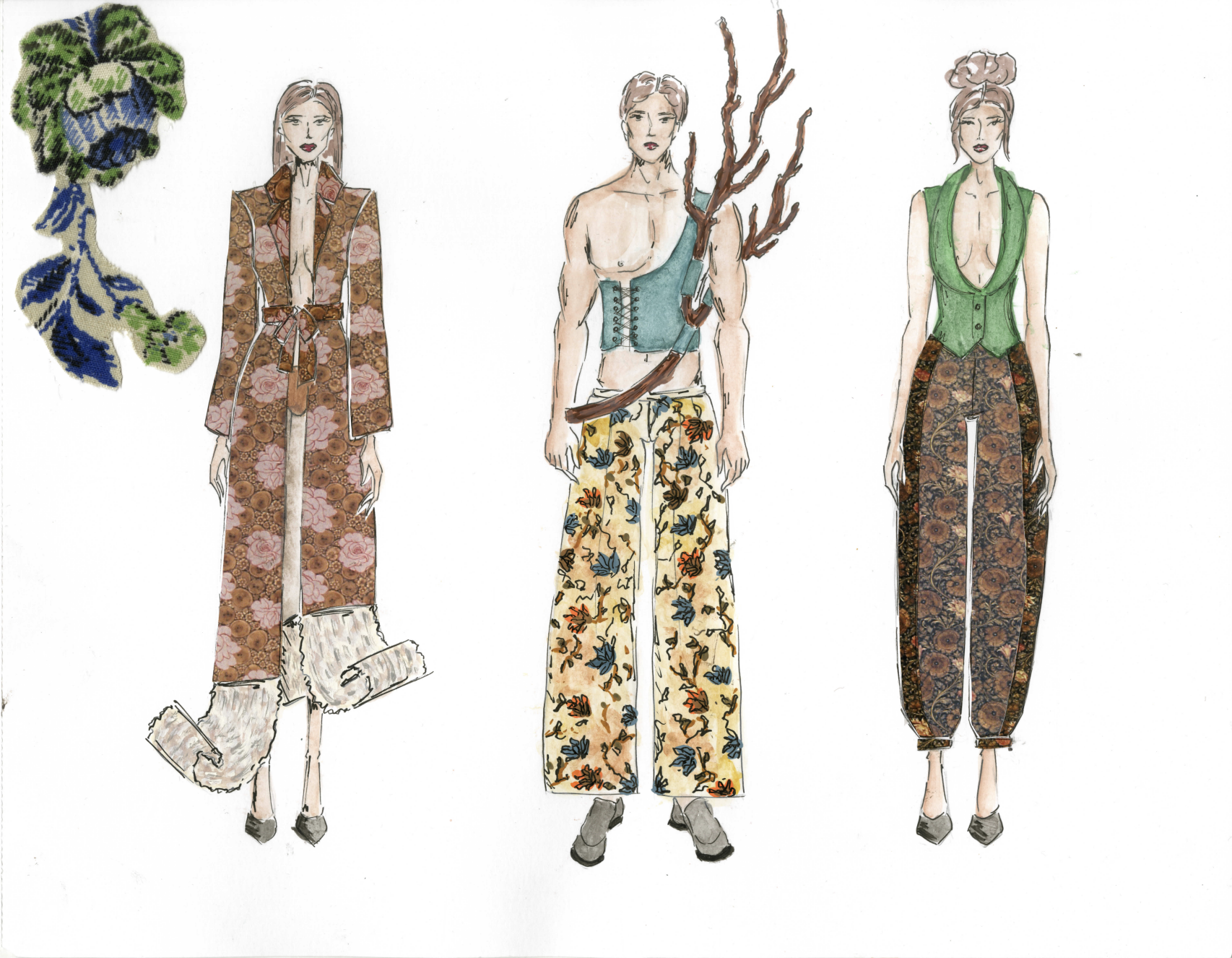 Three fashion illustrations of women wearing colorful, patterned clothing with unique accessories.