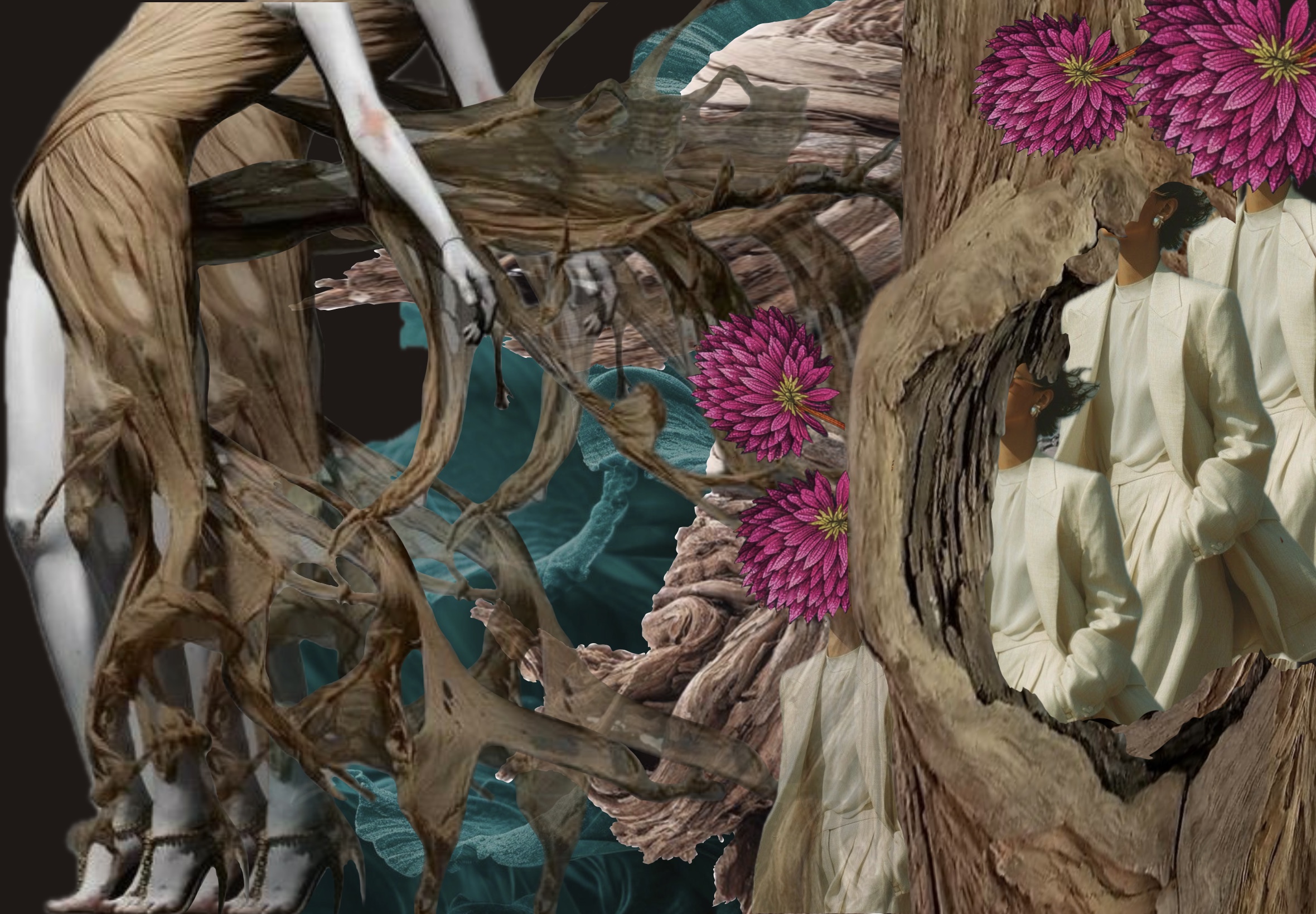 A surreal collage featuring tree bark, pink flowers, a person in a cream outfit, and skeletal elements.