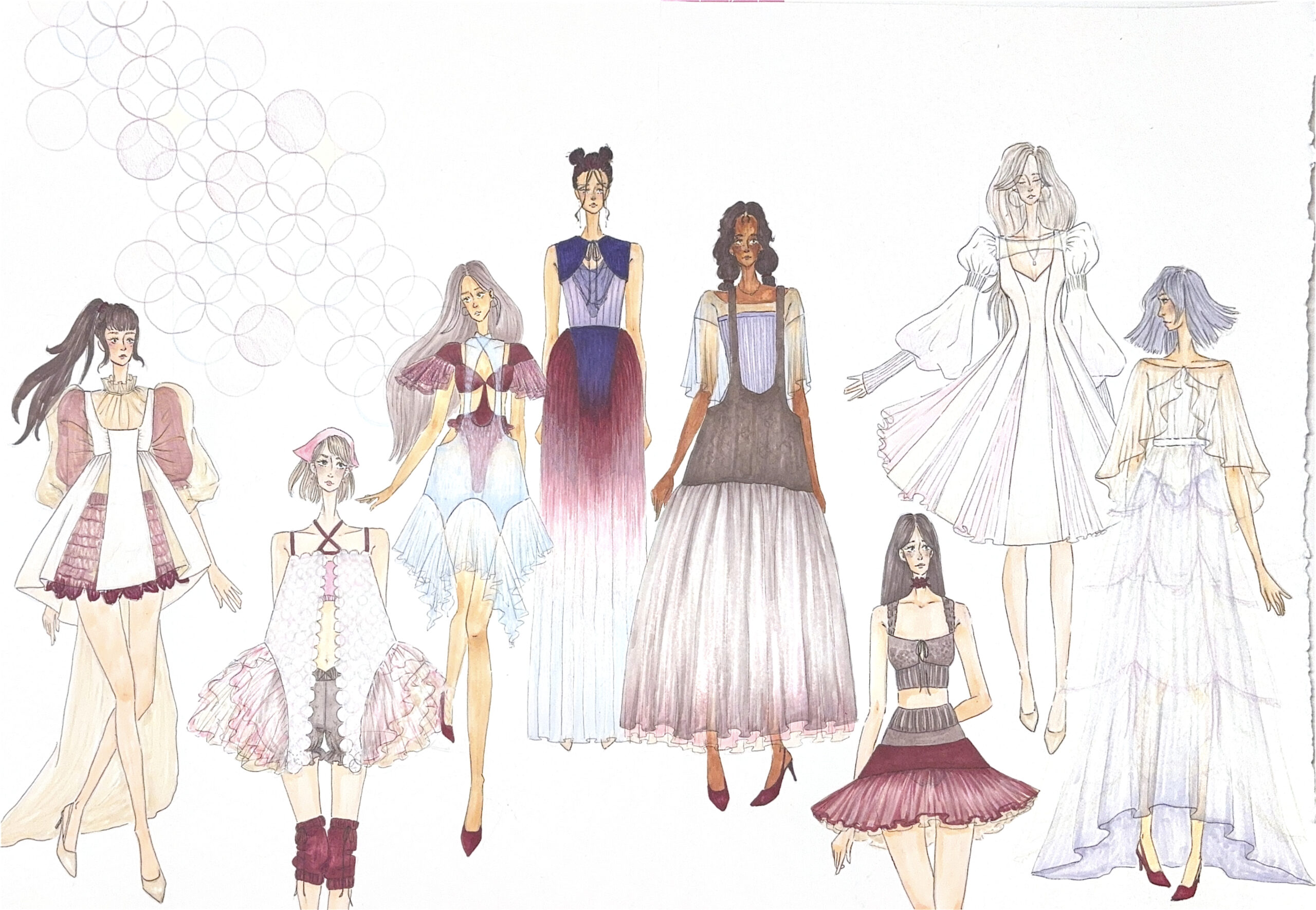 Multiple fashion sketches of women wearing elegant and colorful dresses.