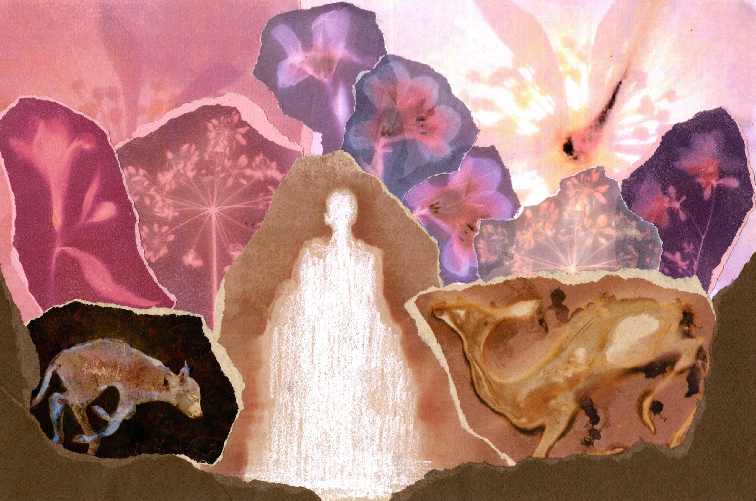 Abstract collage of animals, flowers, and a glowing human figure in soft pastel and earthy tones.
