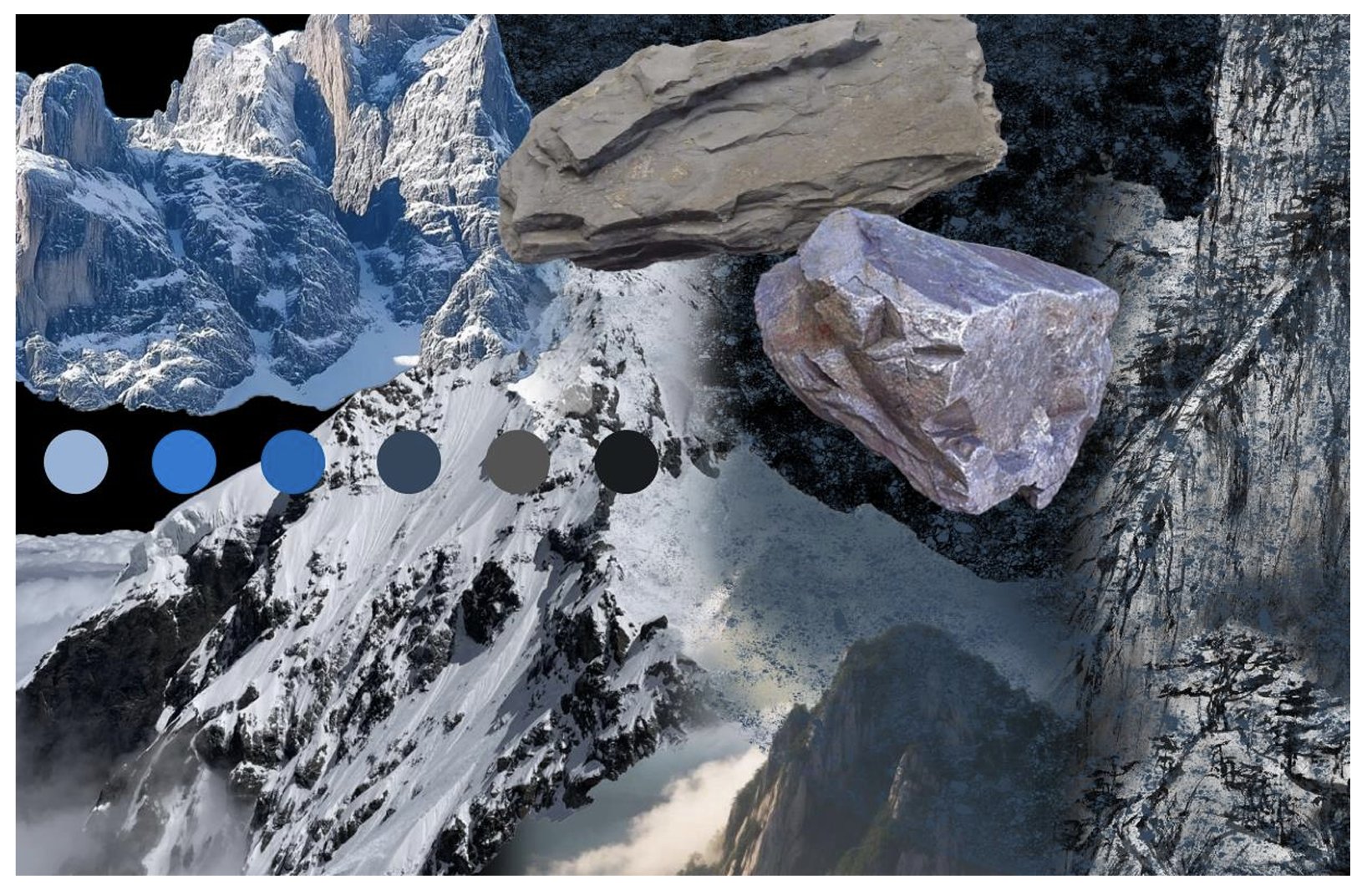 Three rocks of different colors and sizes rest on a mountain landscape background.