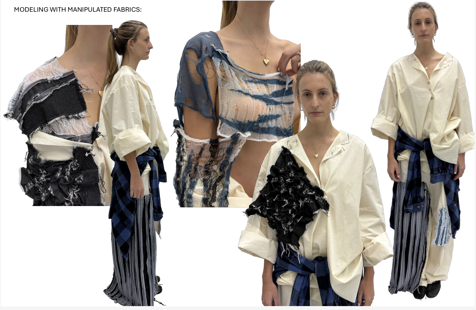 Model wearing distressed fabrics and oversized cream shirt with tied plaid waist.